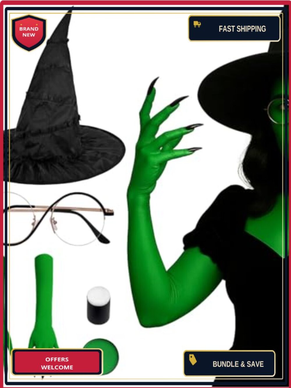 Witch Costume Set Hat Gloves Glasses Face Paint Halloween Cosplay Accessory Kit